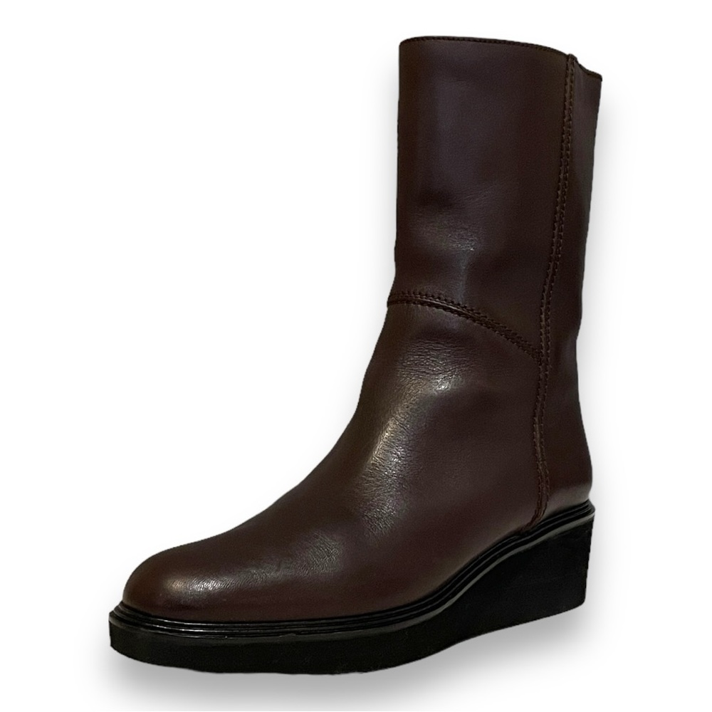 Calvin Klein Dark Brown Leather Platform Wedge Mid-Calf Pull On Boots Size 8